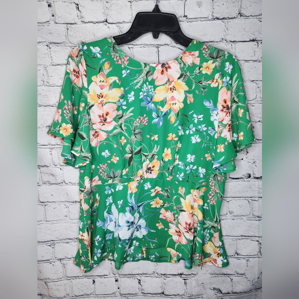 LOFT Green Floral Flowy Short Sleeve Blouse‎ Size 8P